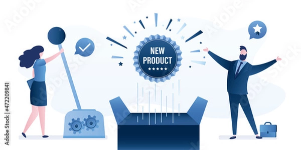 Fototapeta Confident businesswoman pulls lever, an open box with flying label. Male manager presenting of new product. Show of quality new goods or service. Marketing, promotion campaign.