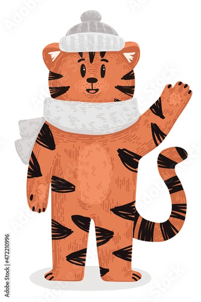 Fototapeta The symbol of the Chinese New Year. 2022. A stylized tiger in a hat and a scarf waving his paw. Smiling cute little animal. Illustration for postcards, banners and packaging designs.
