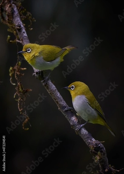Fototapeta Two Indian white-eye birds perched on a branch in dark background 