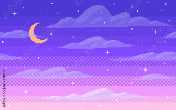 Obraz Pixel art starry seamless background. Night sky in 8 bit style.