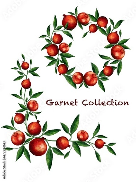 Obraz Pomegranate with foliage frame. Pomegranate Set