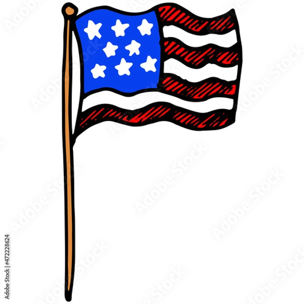 Fototapeta The icon is a colored flag of the USA. An American flag painted in doodle style on a pole, with red and white stripes and white stars on blue, an isolated element of patriotism on white for a design t