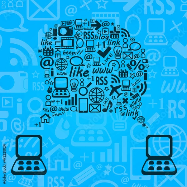 Fototapeta Blue Speech Cloud between Two Laptop Computer.