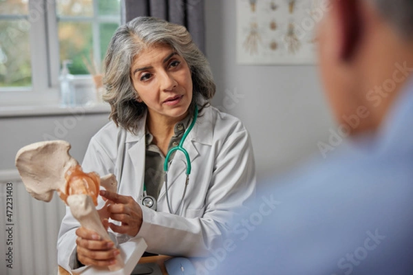 Obraz Mature Female Doctor Meeting With Male Patient Discussing Joint Pain In Hip Using Anatomical Model