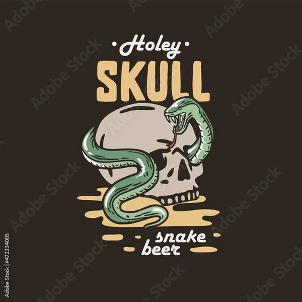 Fototapeta Beer skull with snake for print. Original brew design with skeleton and serpent for craft beer bar, pab or brewery