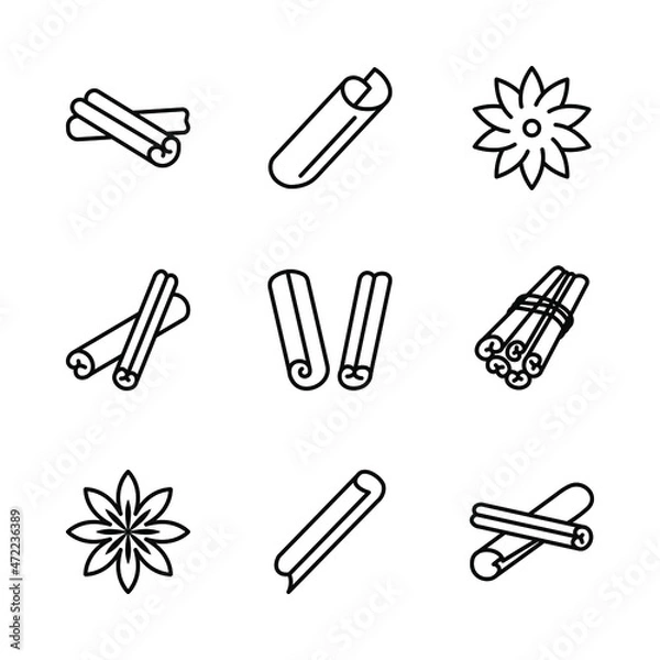 Fototapeta Cinnamon flat line icons set. Symbol of spice - Cinnamon sticks. Simple flat vector illustration for web site or mobile app
