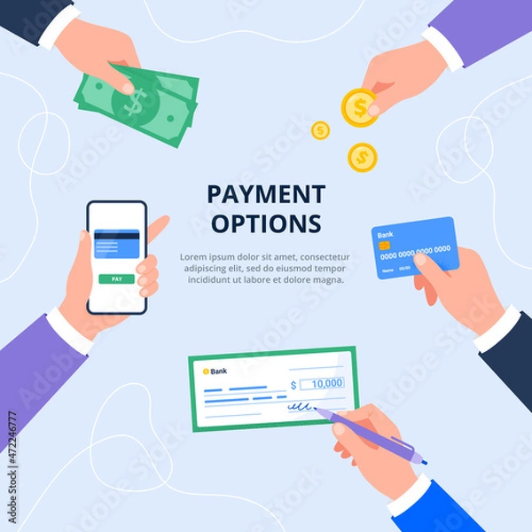 Fototapeta Payment method and option to transfer money. Cash, mobile app, credit card, check, coins. Financial operations, transactions, and payment concept. Vector flat illustration for banners, landing page.