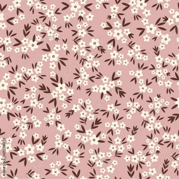 Fototapeta Vintage floral background. Seamless vector pattern for design and fashion prints. Floral pattern with small white flowers and brown leaves on a pink background.