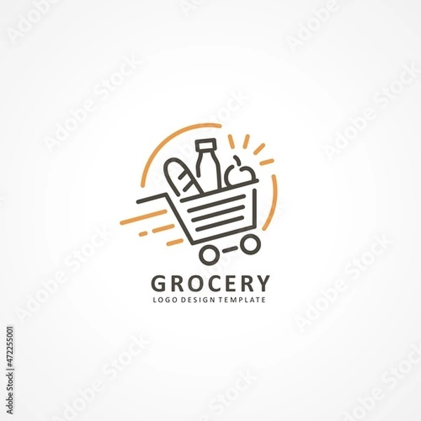 Obraz Grocery store logo design template with shopping basket full of various products. Bread, fruits, drinks line art logo design idea. Groceries vector symbol.