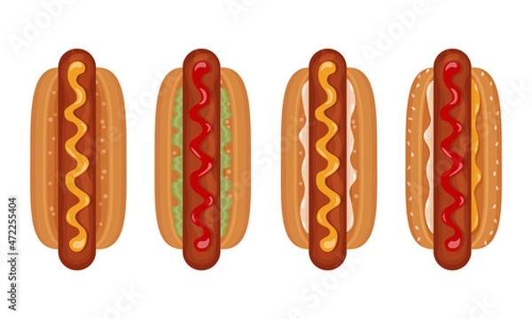 Fototapeta An appetizing set of four hot dogs top view Delicious juicy hot dogs with sausage, ketchup, mayonnaise, mustard and lettuce leaves. Fast food in cartoon style. Vector illustration on white background