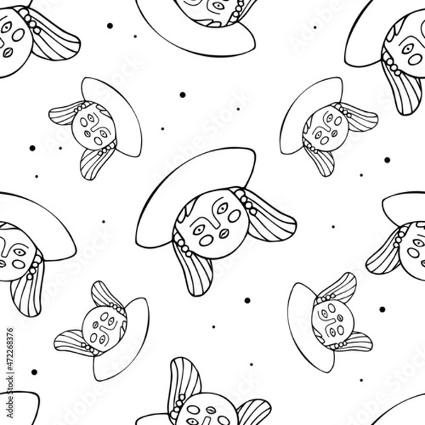 Obraz Seamless pattern with female heads in doodle style. Vector illustration.