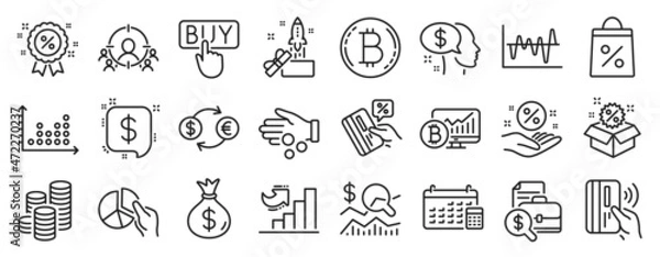 Fototapeta Set of Finance icons, such as Stock analysis, Loan percent, Sale icons. Shopping bag, Currency exchange, Discount signs. Coins, Contactless payment, Accounting report. Bitcoin, Innovation. Vector