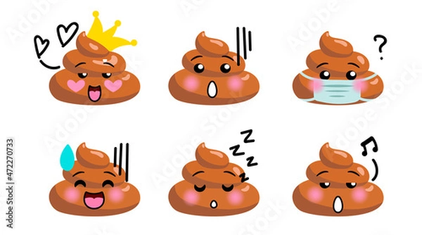 Obraz Shit or turd emoji vector icon set - smiling, singing, being surprised, laughing, wearing crown, sleeping, isolated illustration in flat doodle style