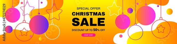 Fototapeta Merry Christmas and Happy New Year sale discount banner. Modern background with abstract dynamic flowing elements and geometric shapes of Christmas balls. New Year card. Template vector