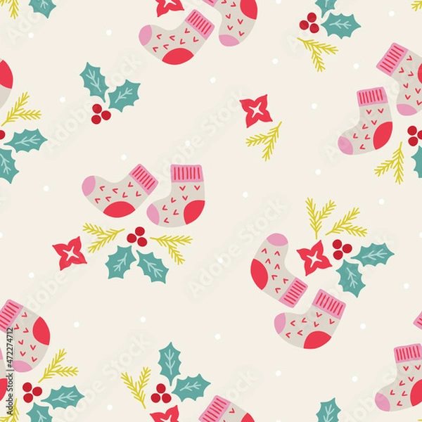 Fototapeta Christmas seamless pattern with socks, holly berry, flower, fir branch
