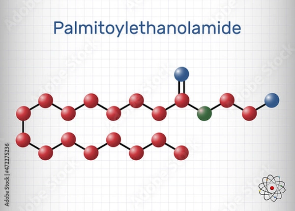 Fototapeta Palmitoylethanolamide, palmitoyl ethanolamide, palmidrol, PEA molecule. It is endogenous fatty acid amide, used as prophylactic of respiratory viral infection. Molecule model. Sheet of paper in a cage