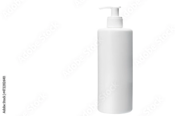 Obraz Plastic pump soap bottle without label with dispenser for portion use of liquid soap for hygiene and skin care, isolated object on white background with copy space, nobody.