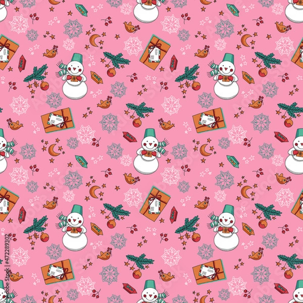 Obraz Christmas Pattern With Snowmen. New year background