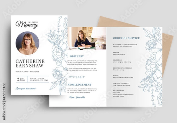 Obraz Nowoczesny program pogrzebowy Układ nekrologu nabożeństwa z niebieskimi ilustracjami kwiatowymi