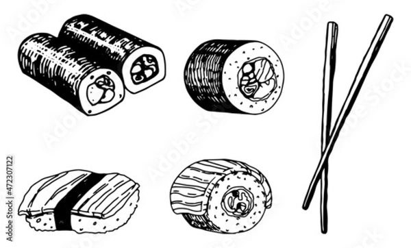 Obraz Set of sushi and rolls sketches. Collection of asian fast food. Hand drawn vector illustration in retro style. Outline cliparts isolated on white background.
