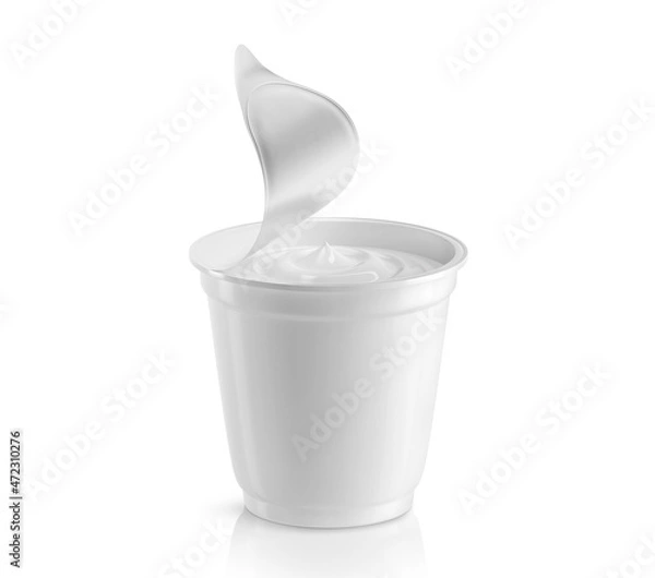 Fototapeta Full plastic cup with sour cream with an open foil lid. Isolated on white background. 3D illustration