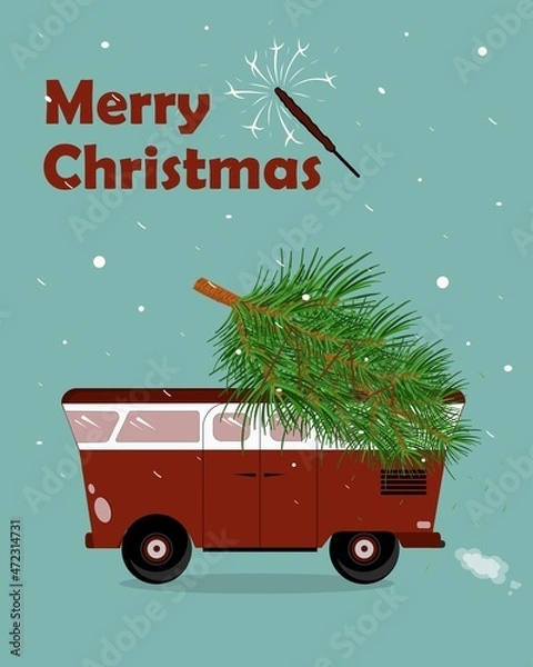 Obraz Vector christmas image. Christmas tree in the car. Merry Christmas. A red car carries a Christmas tree in the snow.