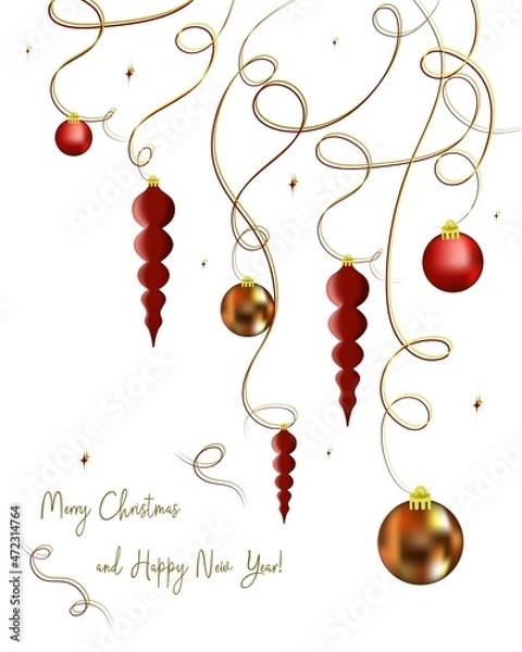 Obraz Vector image with Christmas decorations. Postcard with New Year's motives. Christmas invitation. Winter holiday illustration. 3d image.