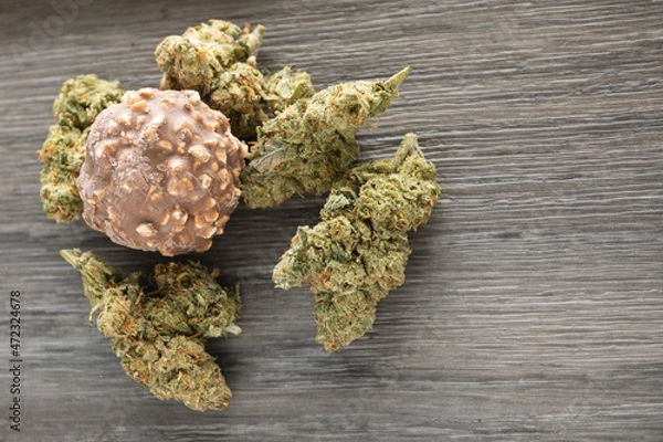 Fototapeta Marijuana hemp nugs with chocolate and nut truffle on wooden background.