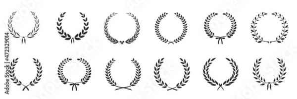 Fototapeta Laurel wreath icon set. Silhouette laurel wreath. Heraldic trophy crest, Medal, Frame, Greek and Roman olive branch award, winner round emblem. Stock vector.