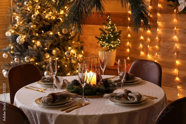 Obraz Dining table with beautiful setting for Christmas celebration in festive room