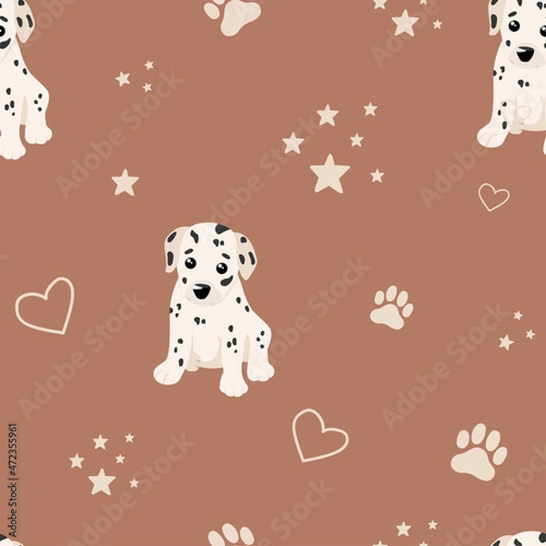Obraz Seamless pattern of dalmatian dog, stars, footprint, heart. Puppy on brown background