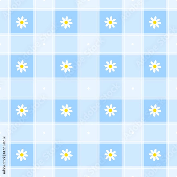 Fototapeta Cute Minimal Daisy Flower Baby Blue Pastel Checkered Gingham Pattern Editable Stroke. Cartoon Illustration, Mat, Fabric, Textile, Scarf, Wrapping Paper. 