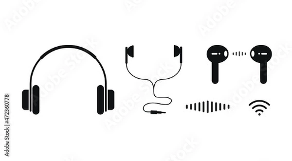 Fototapeta A set of different headphones. Wired and wireless. Transmission signal, communication. Vector icon, flat minimal cartoon design isolated on white background, eps 10.