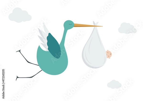 Fototapeta stork with baby boy flying in the clouds