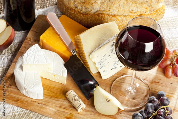 Fototapeta Red Wine And Cheese Plate