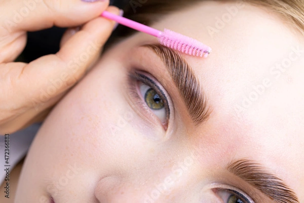 Fototapeta macro photography of the model's hairs the master combs the eyebrow hairs with a pink brush after the procedure long-term styling and lamination