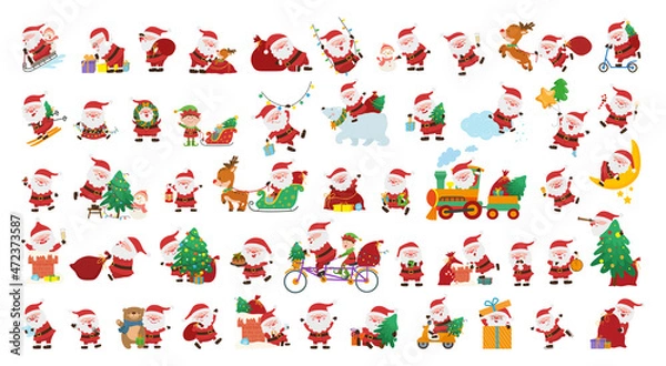 Fototapeta Collection of cute funny illustrations with Santa Claus. Christmas set of characters for creating stickers, cards, prints.