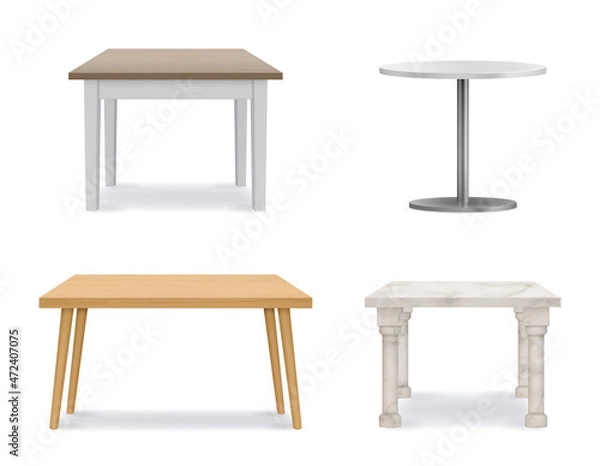 Fototapeta Vector table set. Empty wooden, plastic, stone tables. Template for object presentation. Vector realistic illustration