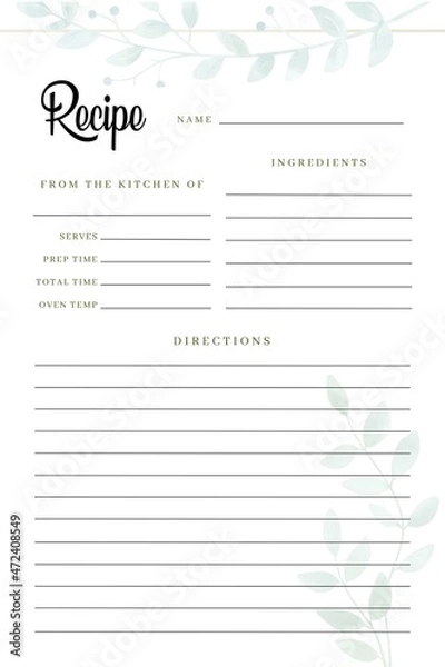 Obraz Blank Recipe Book Printable Template, Blank Pages Sheet Organizer Binder, DIY, Kitchen Cookbook, A4