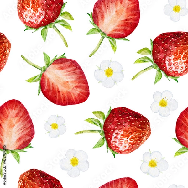 Fototapeta Seamless pattern with watercolor strawberry isolated on white background. Hand drawn watercolor illustration.