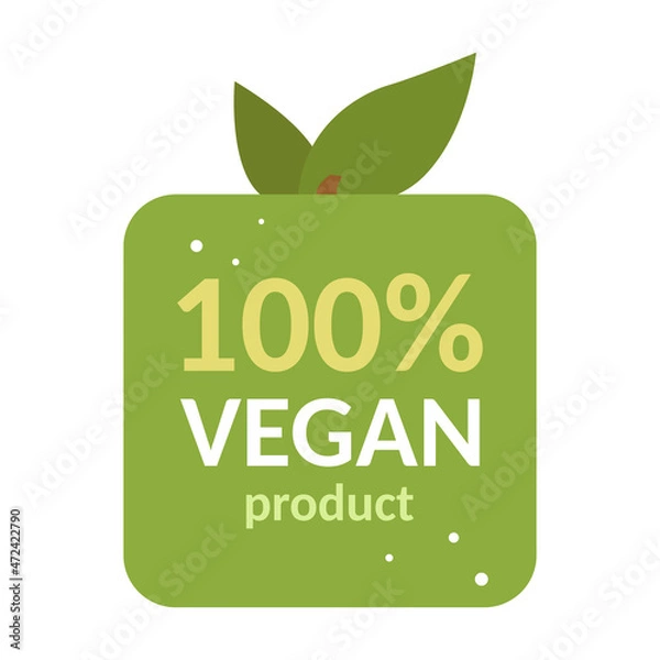 Fototapeta 100% vegan product label. vector isolated badge. vegetarian food. product for vegan. green leaf and apple. 