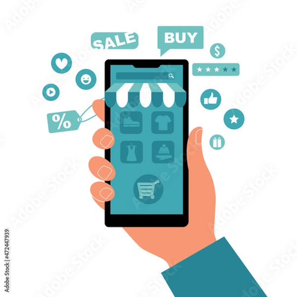 Fototapeta Mobile application of online sales. Smartphone in hand with an open online store