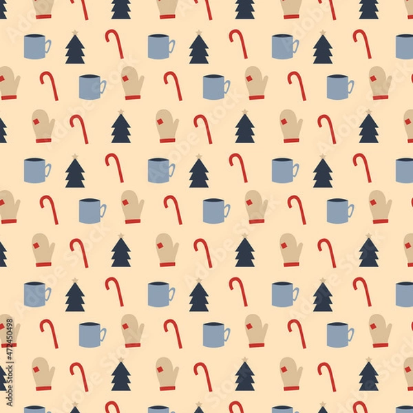Obraz Winter Pattern with christmas tree,  candy cane,  mitten and cup