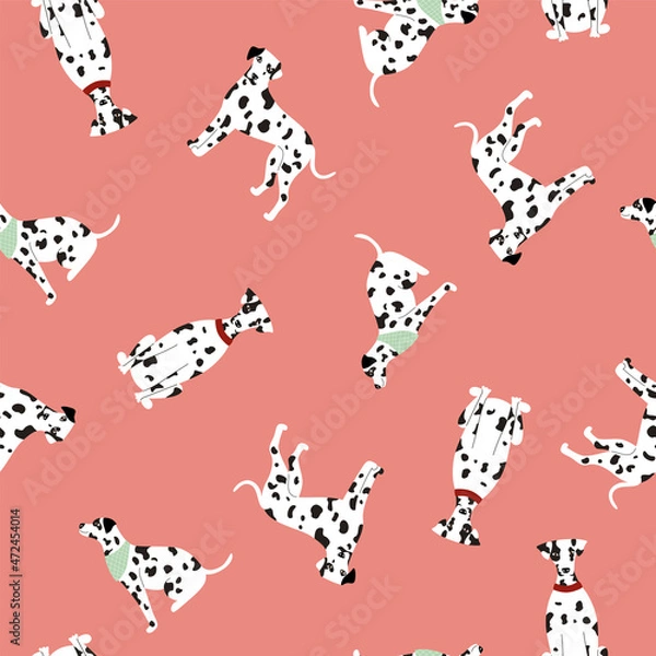 Fototapeta Seamless pattern of cute white spotted Dalmatian dogs on a pink background. Vector fabric design. Vector illustration of a dog in different poses flat