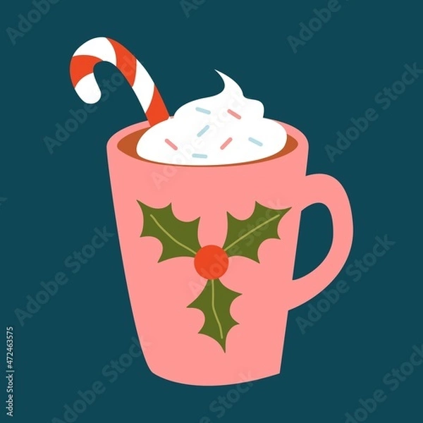 Fototapeta Cute winter cozy hot drink. Cup hot chocolate, cocoa with candy cane for christmas and new year card, typography poster, label, brochure, flyer, page, banner. Vector illustration in cartoon style.