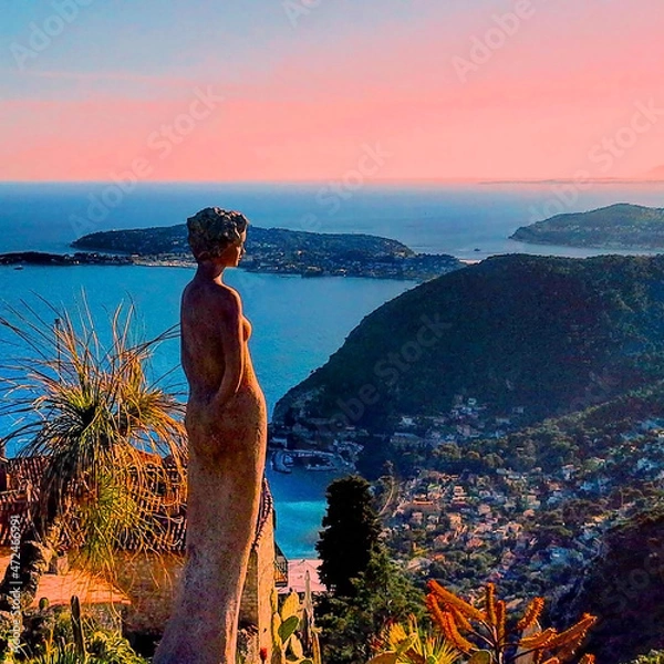 Fototapeta Beautiful view of the village of Eze, a botanical garden with cacti, Mediterranean, French Riviera