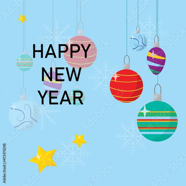 Obraz Greeting card with text Happy New Year. Blue background with Christmas decorations, including balls with ornaments and stars hanging from the top. 
