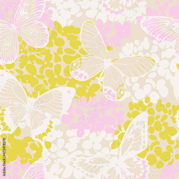 Fototapeta Butterflies and hydrangea. Seamless spring pattern. Vector illustration