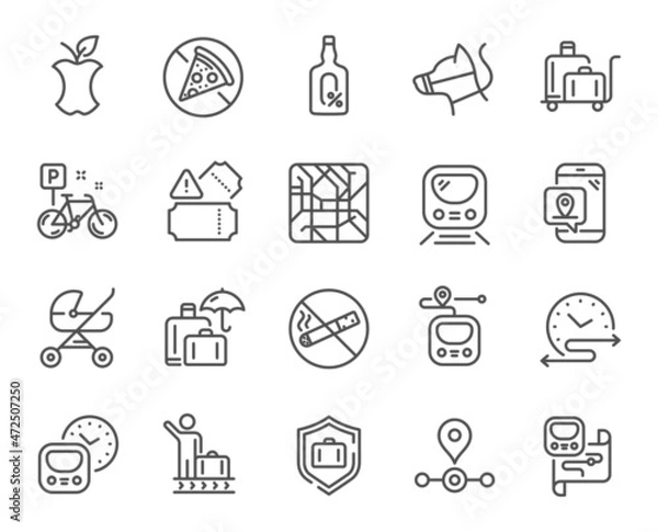 Obraz Underground line icons. Subway map, Station location, Metro rules. Dog on leash, Apple core, No smoking outline icons. Underground tickets, No alcohol drink, food at metro. Baby carriage place. Vector
