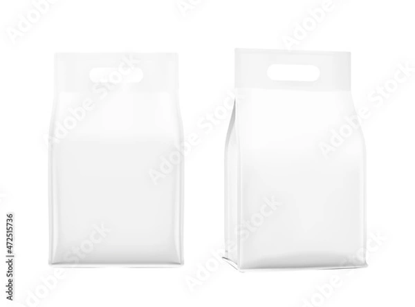 Fototapeta Realistic bags with handle isolated on white background. Front, isometric view. Vector illustration. Can be use for template your design, presentation, promo, ad. EPS 10.	